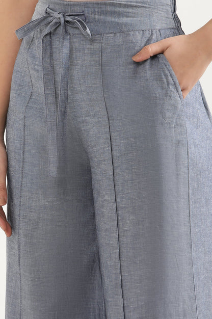 Blue Solid Flared Denim Pants With Tie Detail