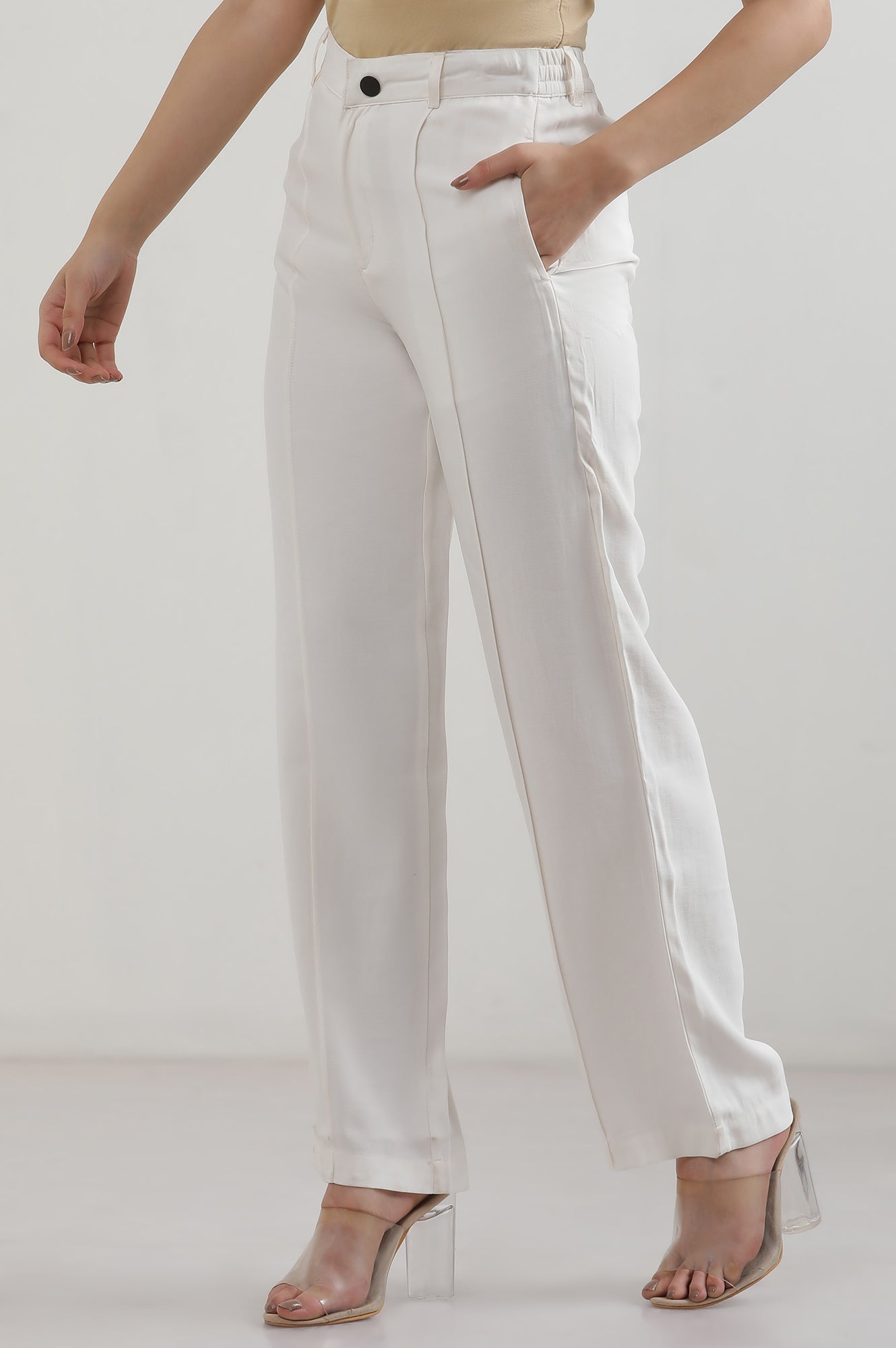 White Solid Rayon Straight Trousers &amp; Pants