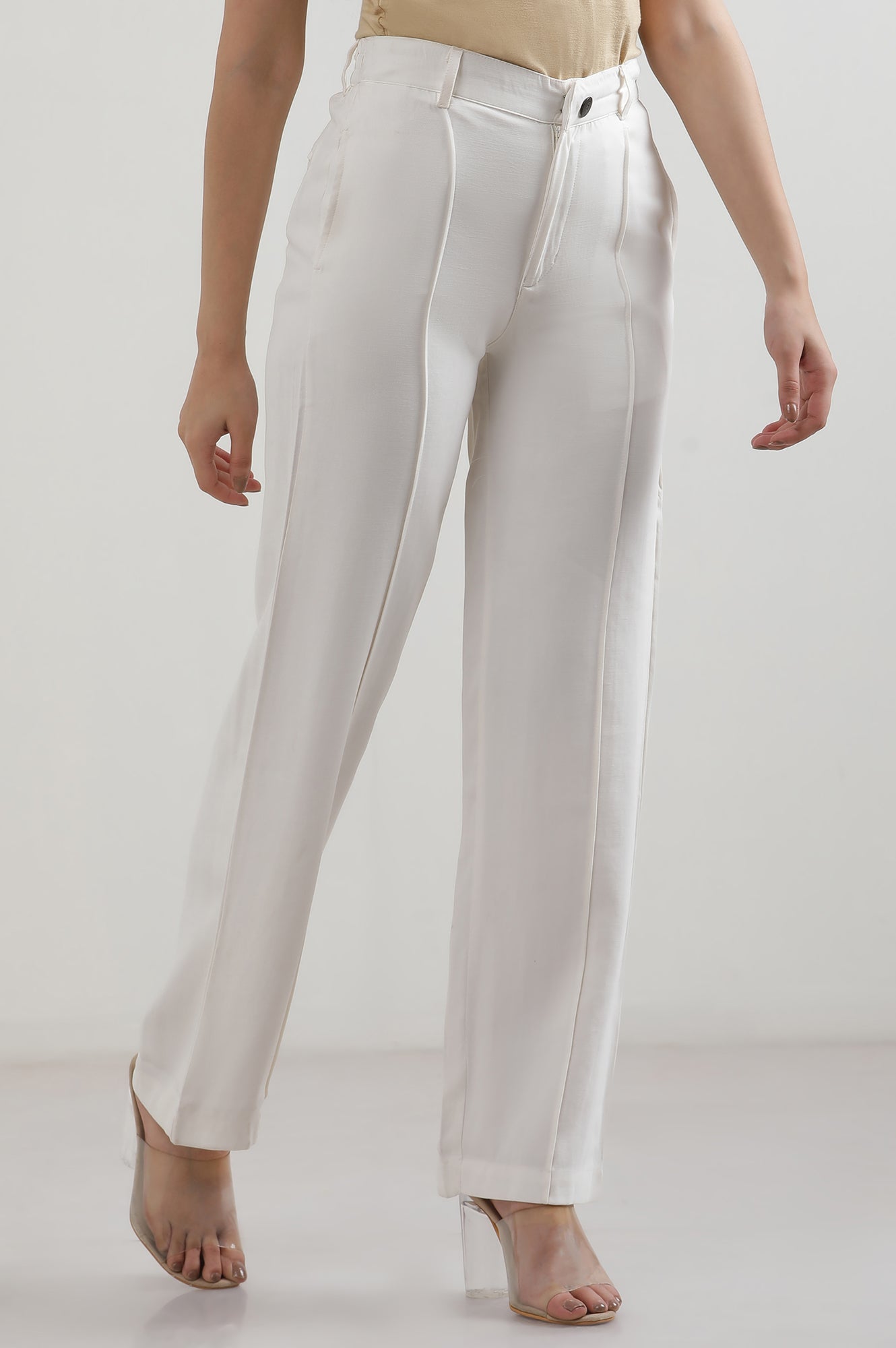 White Solid Rayon Straight Trousers &amp; Pants