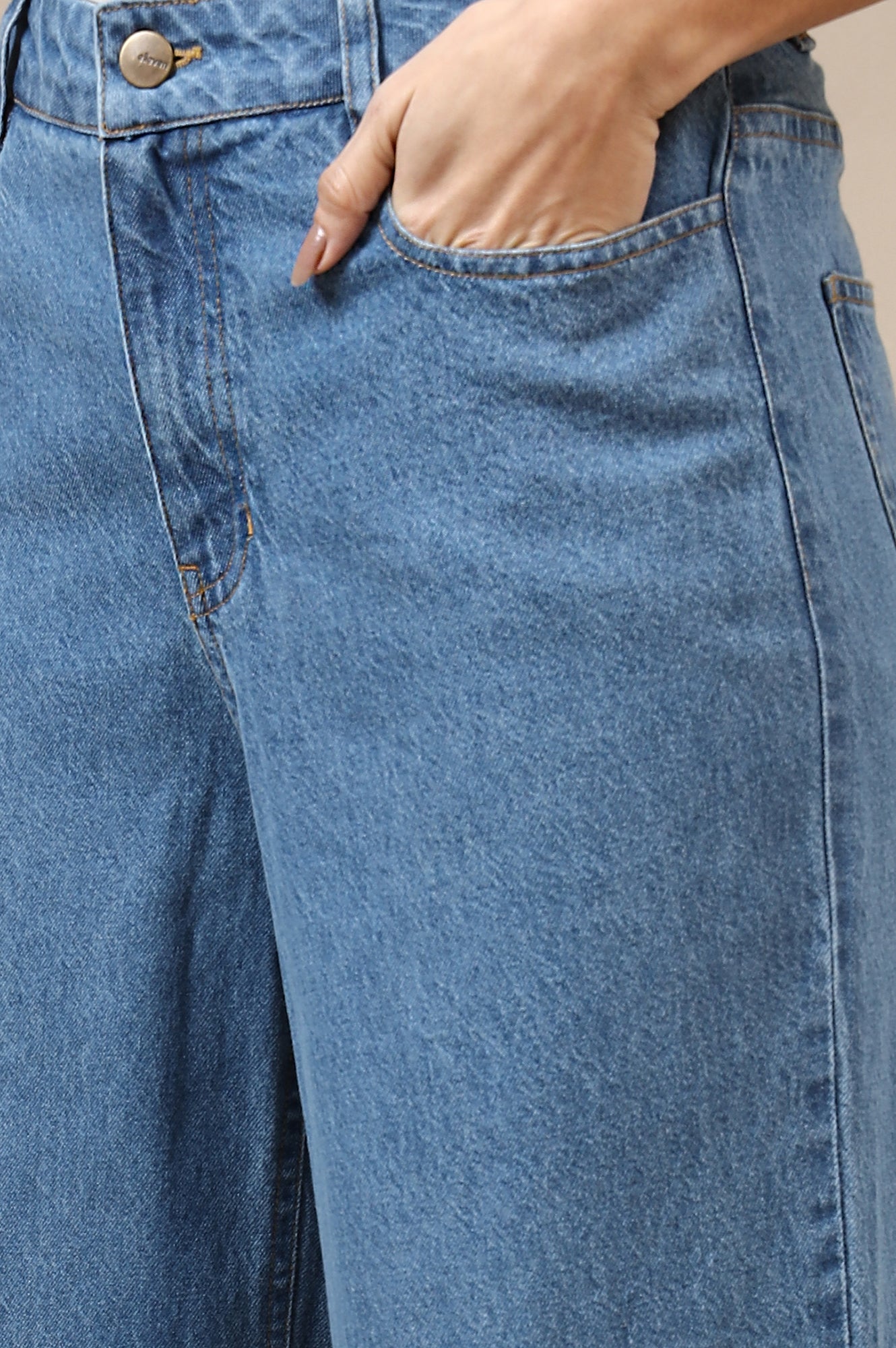 Light Blue Solid Flared Cotton Denim Pants With High Waisted Design