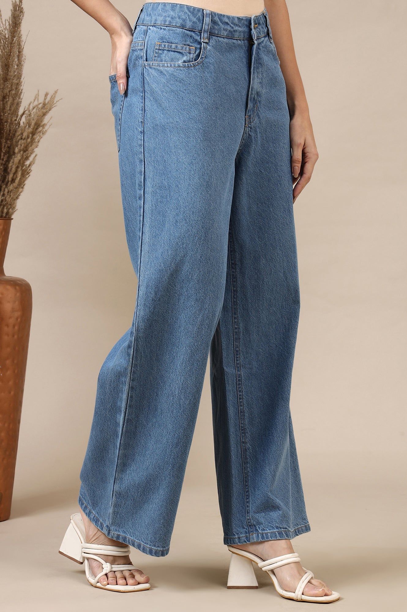 Light Blue Solid Flared Cotton Denim Pants With High Waisted Design