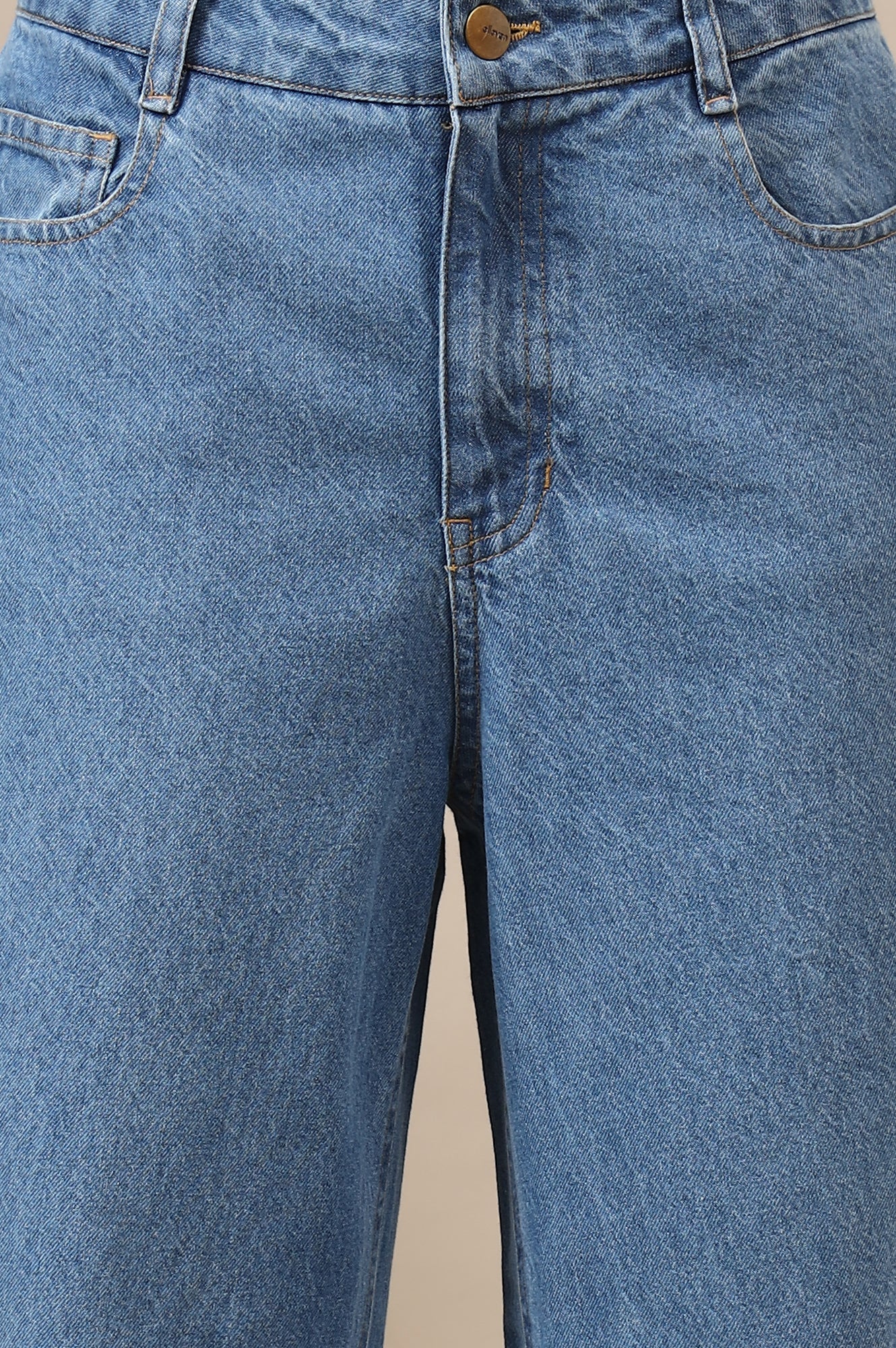 Light Blue Solid Flared Cotton Denim Pants With High Waisted Design