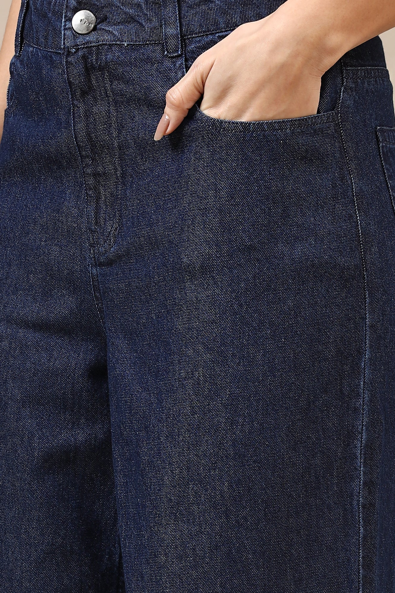 Navy Blue Solid Flared Cotton Denim Pants with High-waisted Design