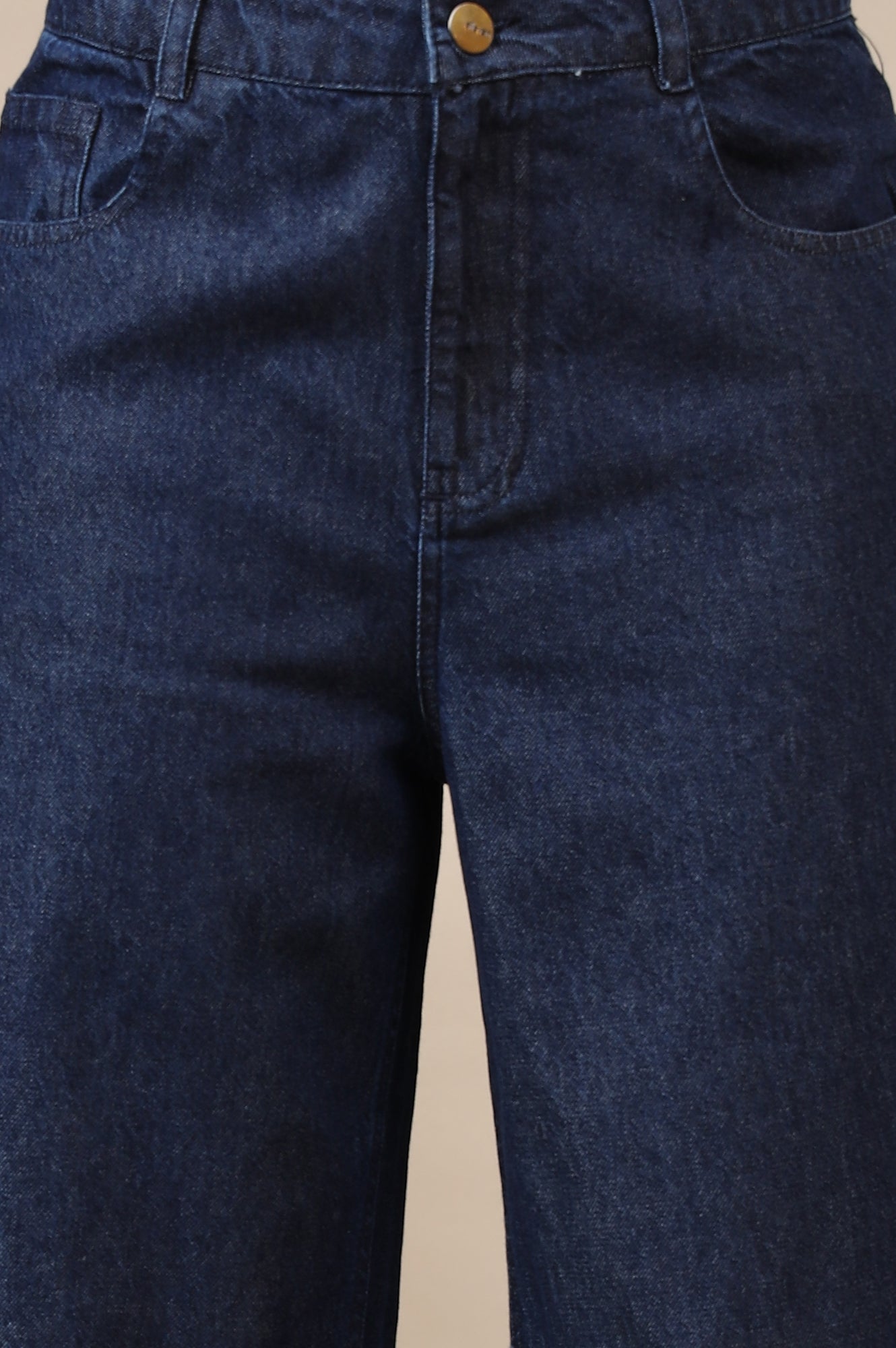 Navy Blue Solid Flared Cotton Denim Pants with High-waisted Design