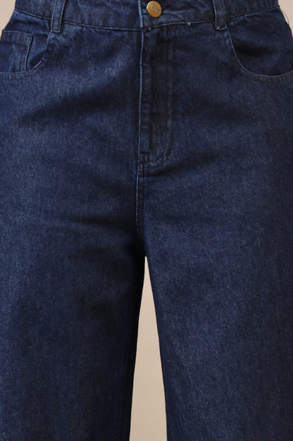 Navy Blue Solid Flared Cotton Denim Pants with High-waisted Design
