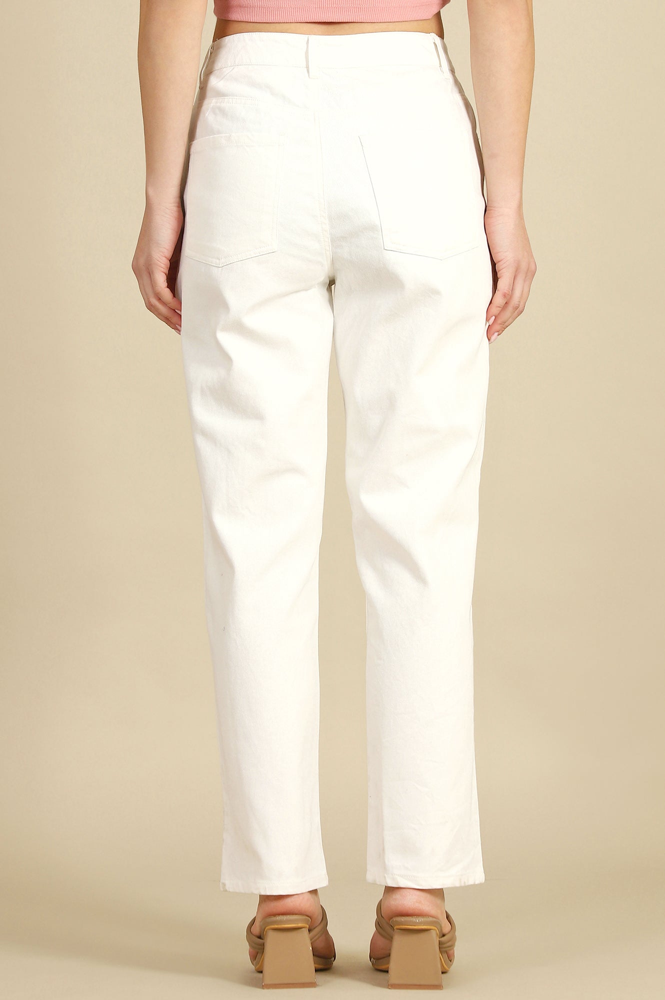 White Solid Pure Cotton Straight Trousers &amp; Pants