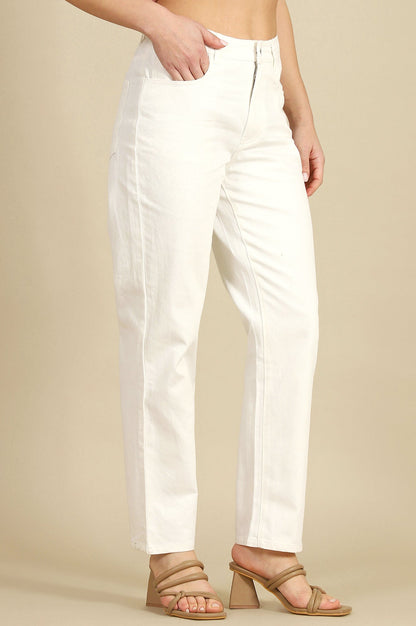 White Solid Pure Cotton Straight Trousers &amp; Pants