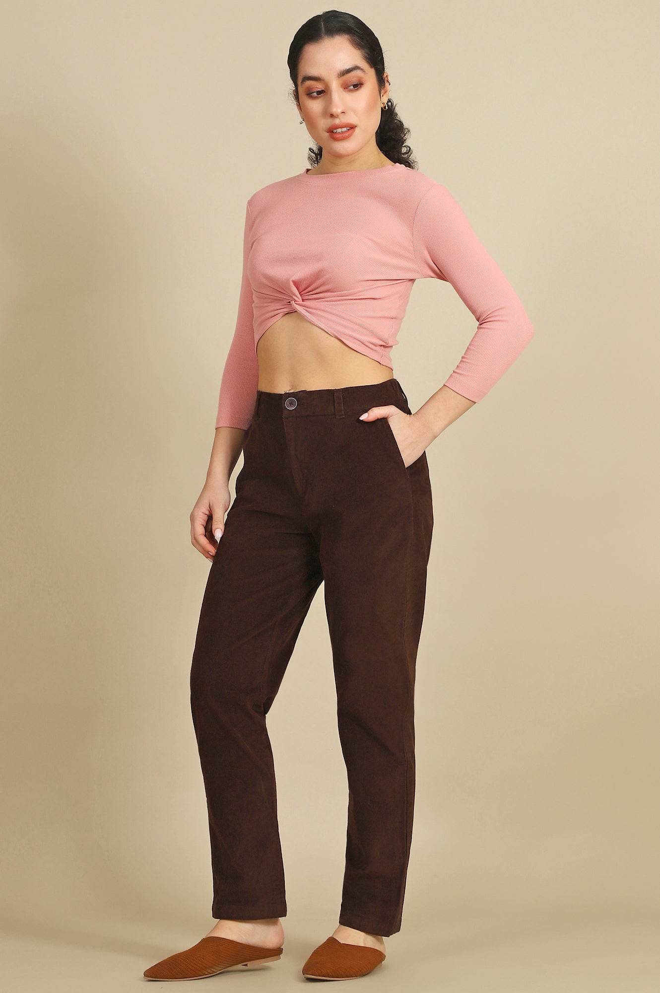 Brown Solid Cotton Blend Straight Trousers &amp; Pants