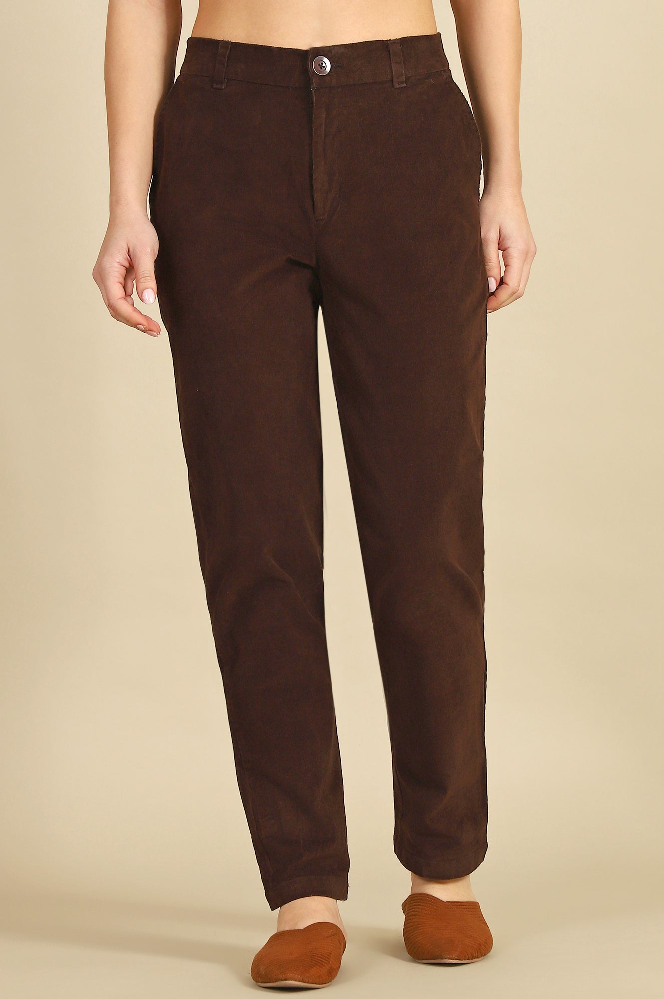 Brown Solid Cotton Blend Straight Trousers &amp; Pants