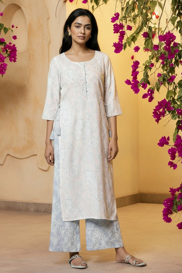 White Floral Printed Kurta and Pants Set