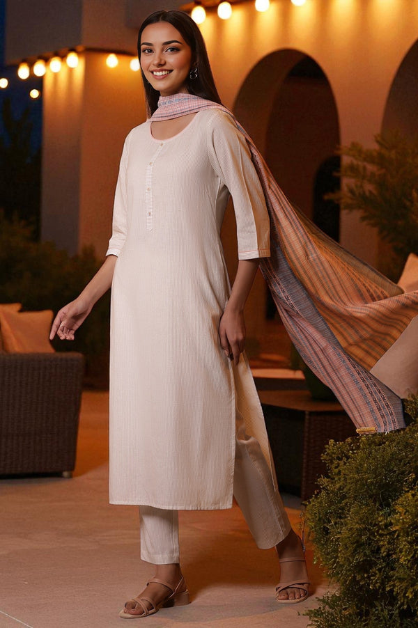 Beige Yarn-Dyed Checkered Kurta and Palazzo Set