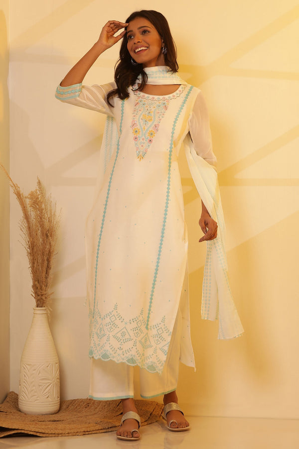 Aurelia White Embroidered Straight Kurta, Pants and Dupatta Set
