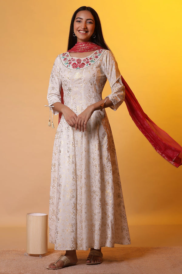 Aurelia White Foil Printed Flared Kurta, Tights and Stole Set