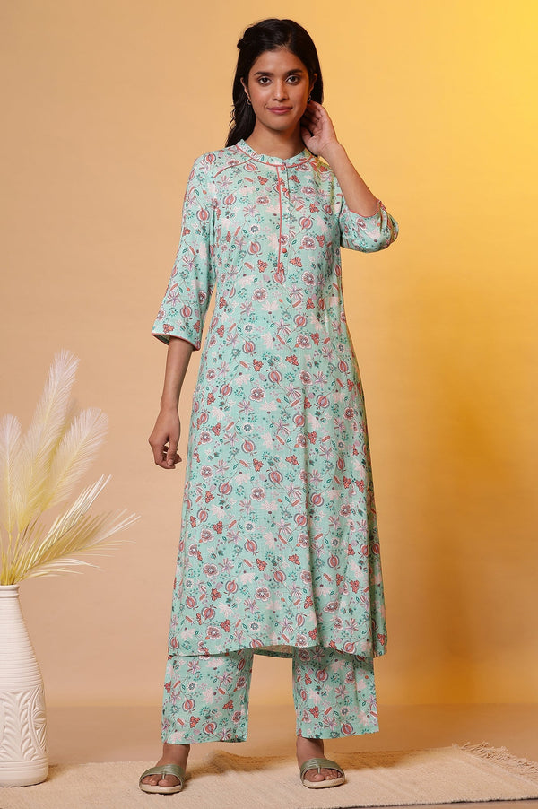Green Floral Printed A-line Kurta & Palazzo Co-ord Set