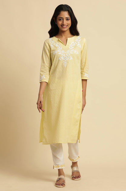 Lemon Yellow Embroidered Kurta - wforwoman