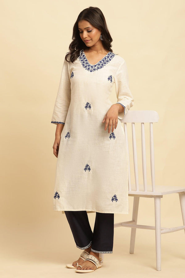 White Straight Kurta With Blue Embroidery