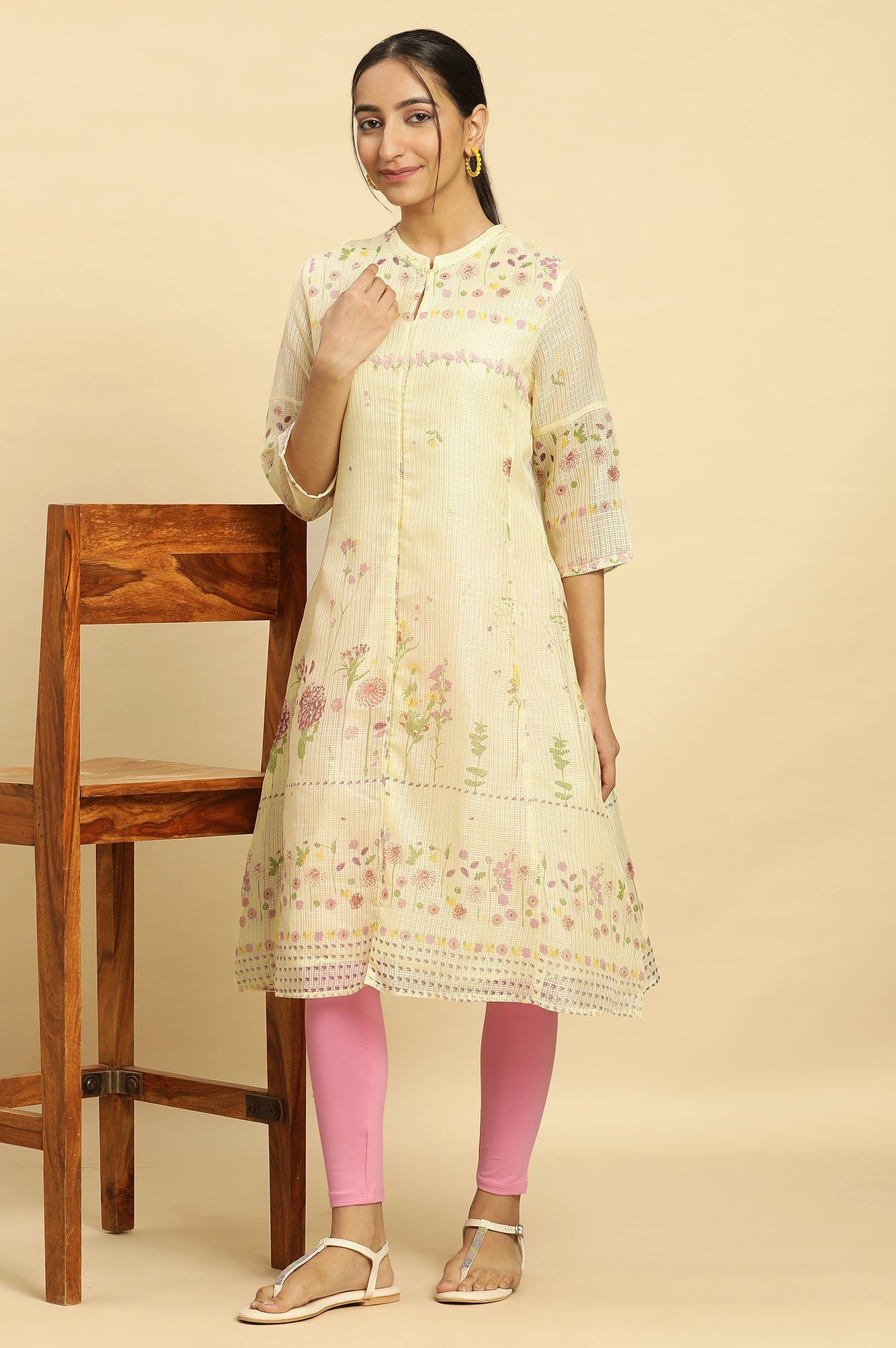 Yellow Floral Printed A-Line Kota Kurta