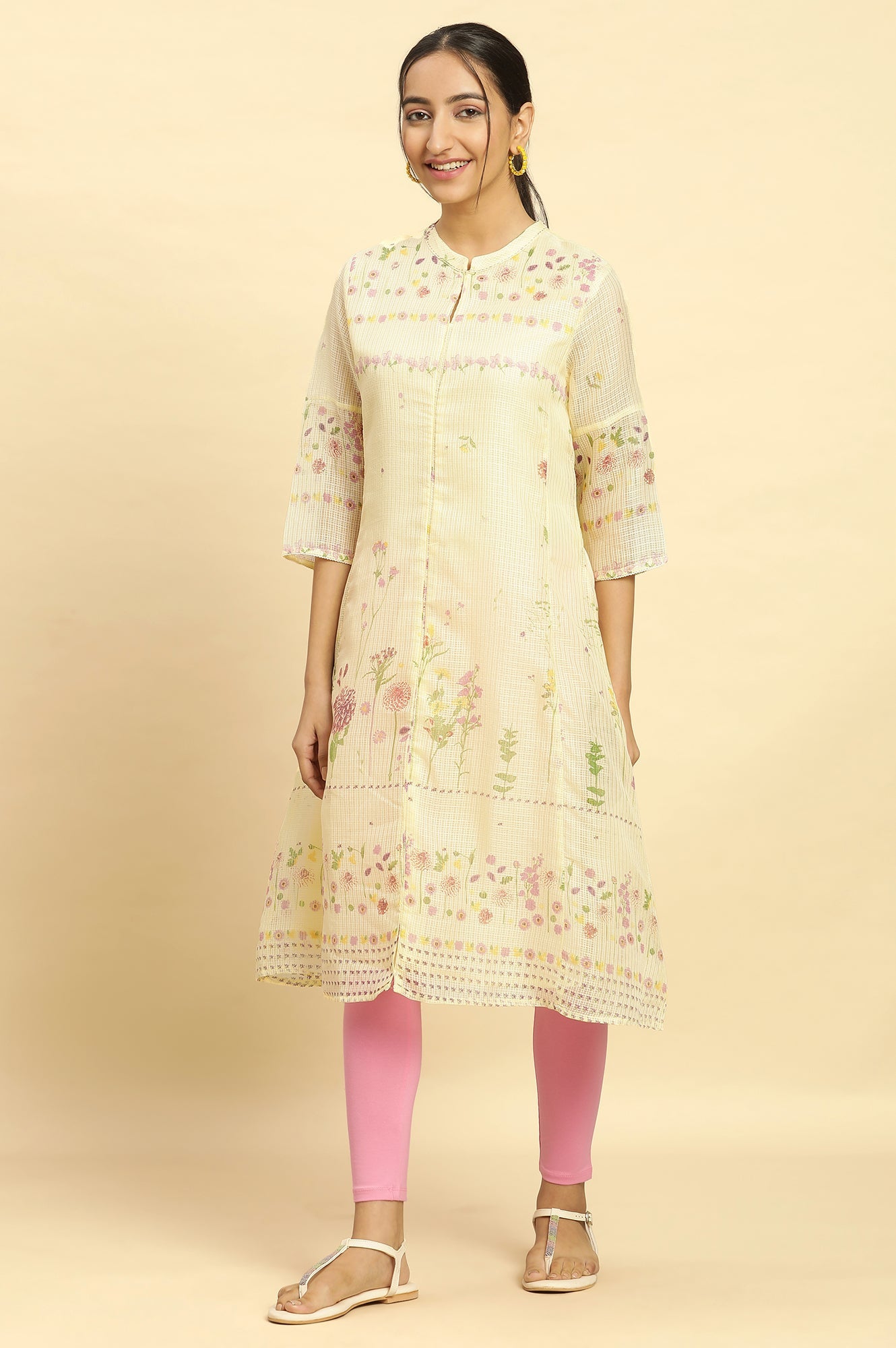 Yellow Floral Printed A-Line Kota Kurta