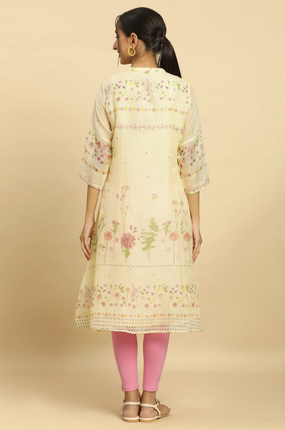Yellow Floral Printed A-Line Kota Kurta