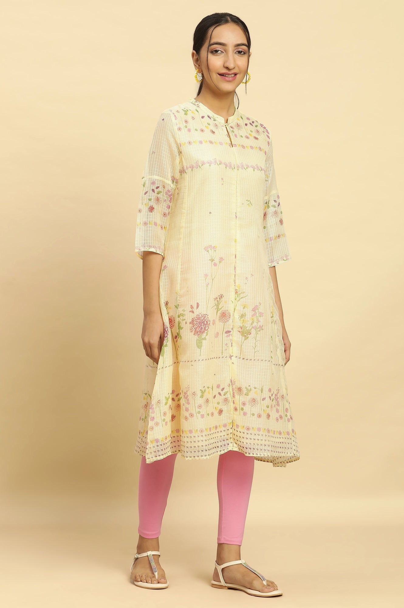 Yellow Floral Printed A-Line Kota Kurta