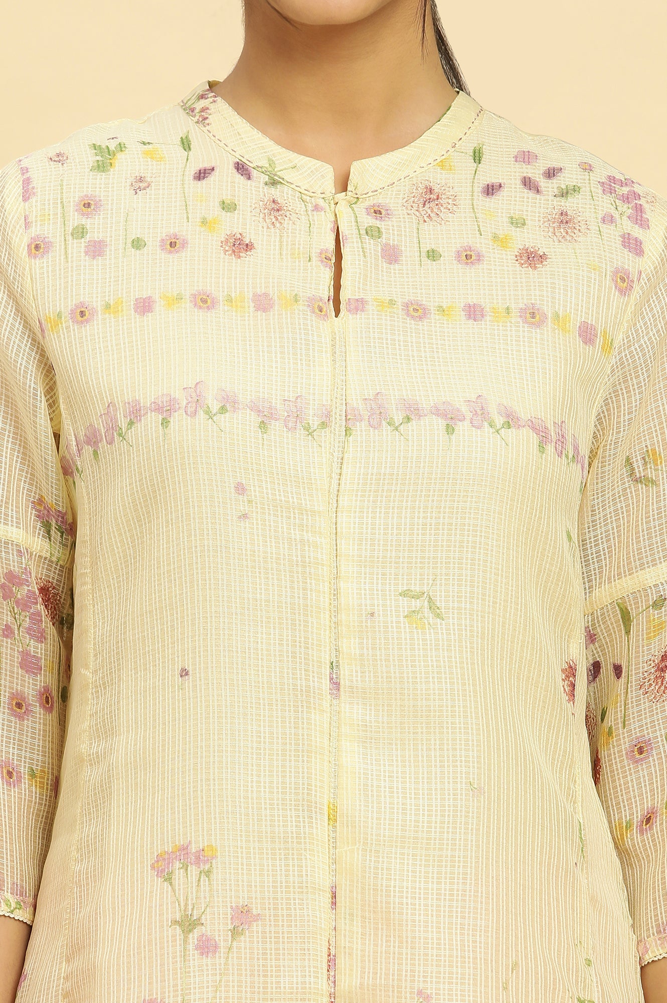Yellow Floral Printed A-Line Kota Kurta