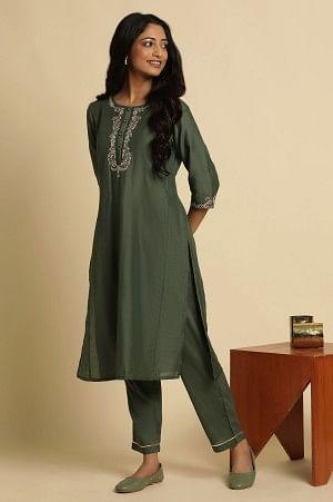 Green Metallic Embroidered Kurta And Pants Set