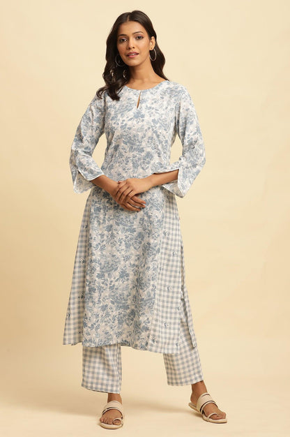Blue Checker And Floral Printed Kurta - wforwoman