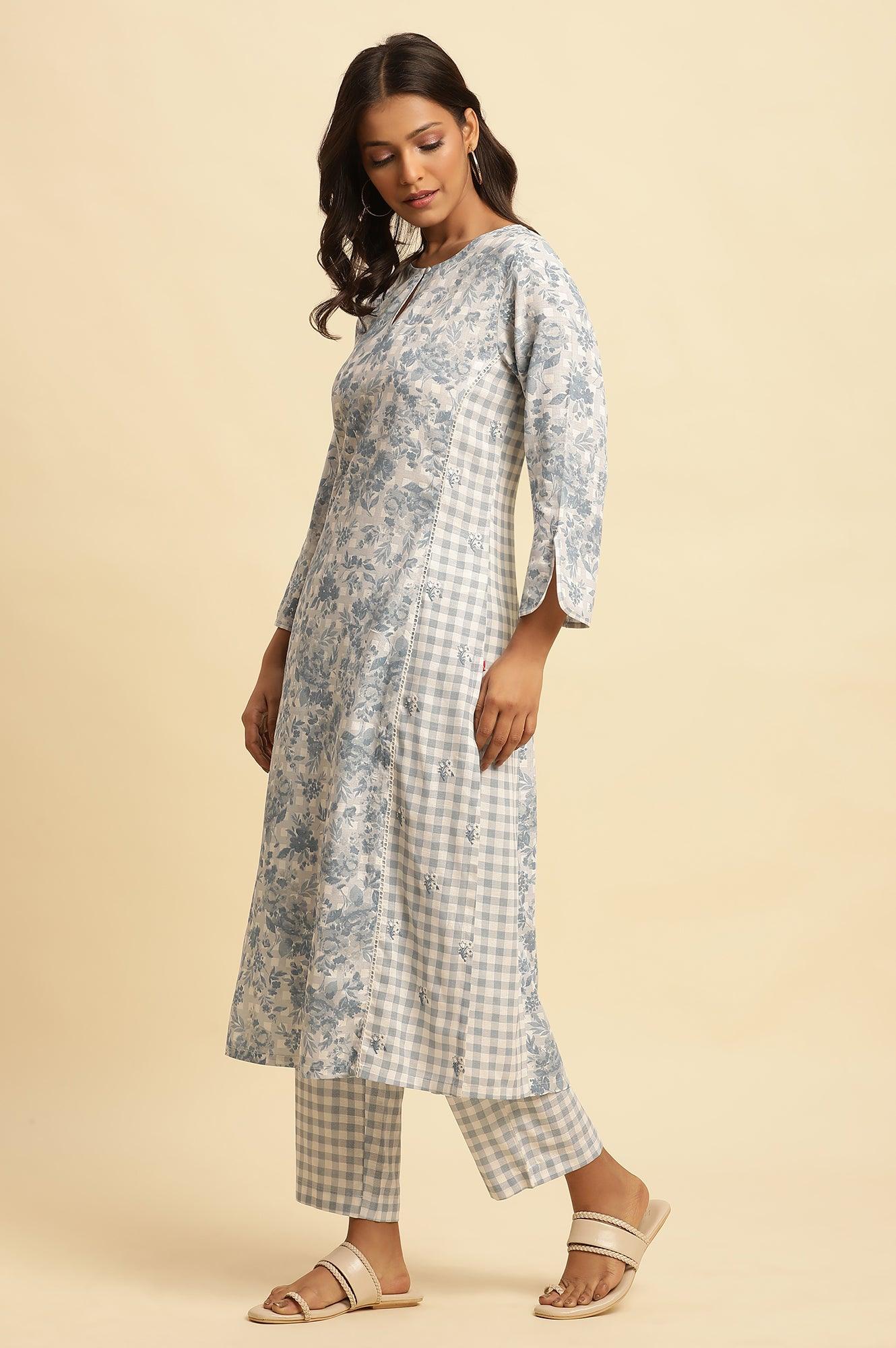 Blue Checker And Floral Printed Kurta - wforwoman