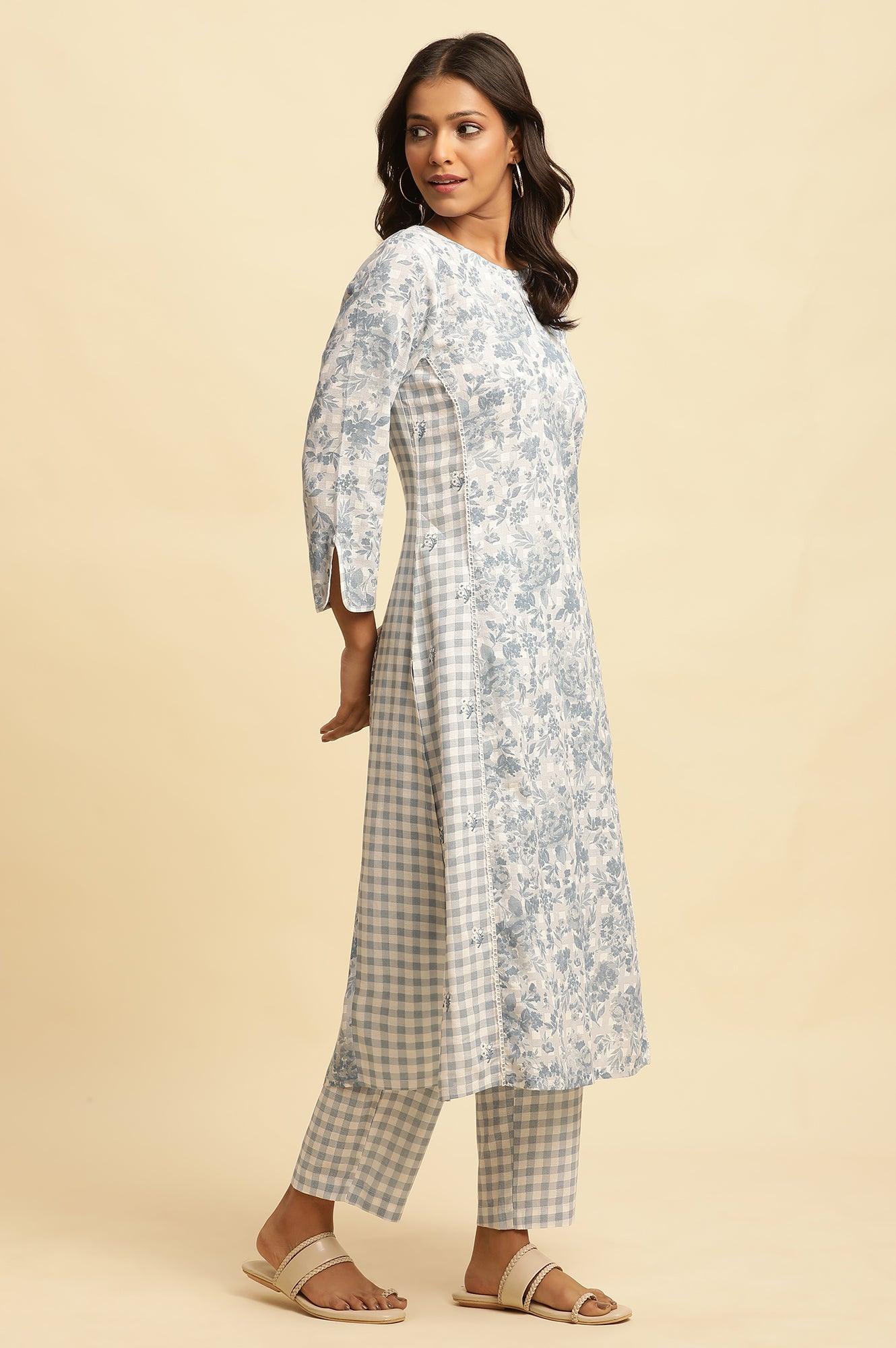 Blue Checker And Floral Printed Kurta - wforwoman