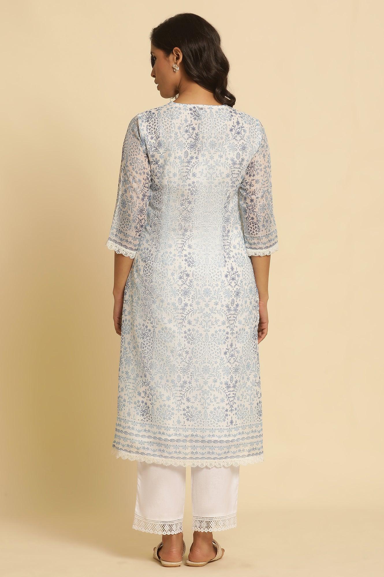 Ecru And Blue Floral Printed Kota Kurta - wforwoman