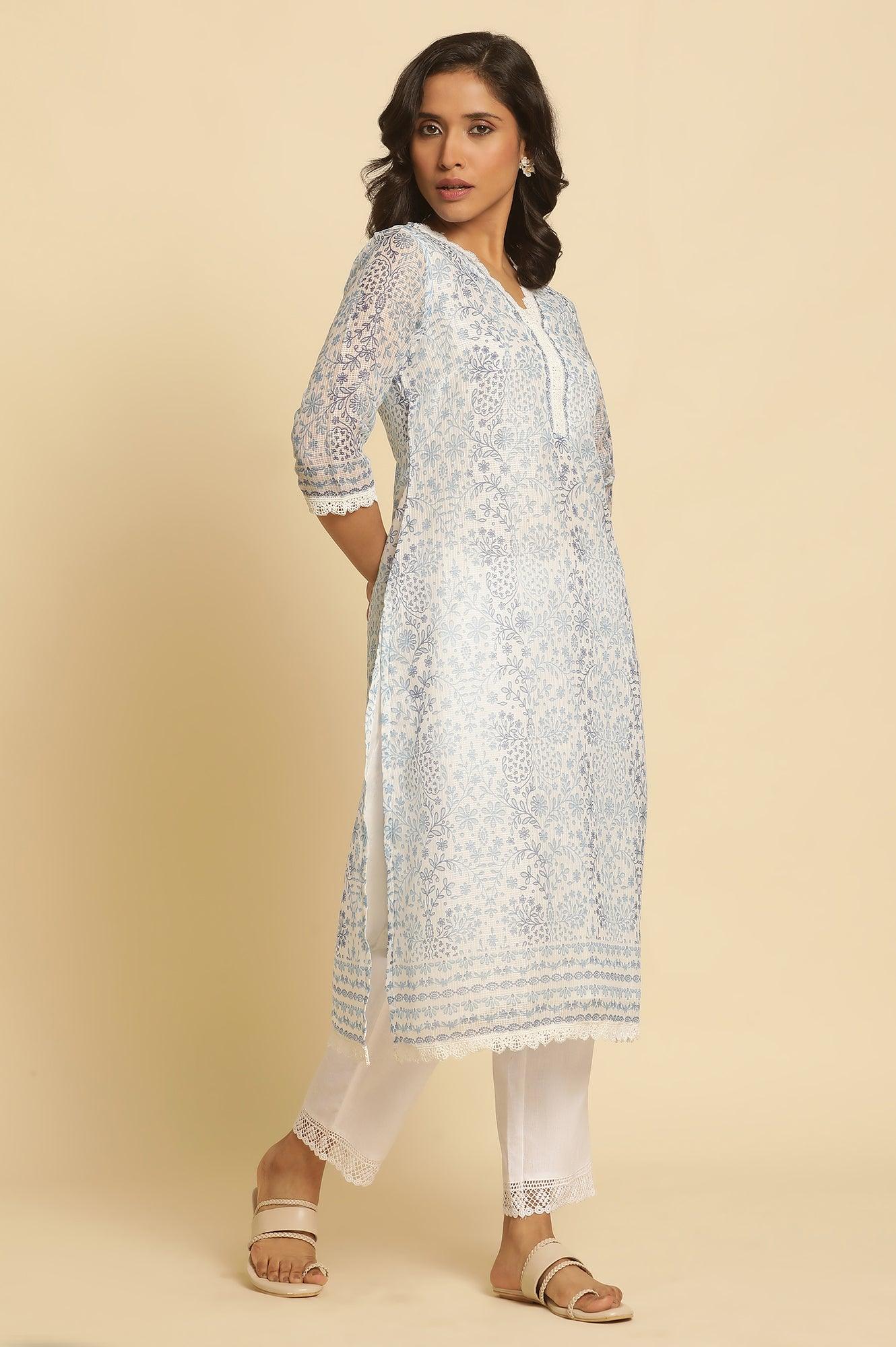 Ecru And Blue Floral Printed Kota Kurta - wforwoman