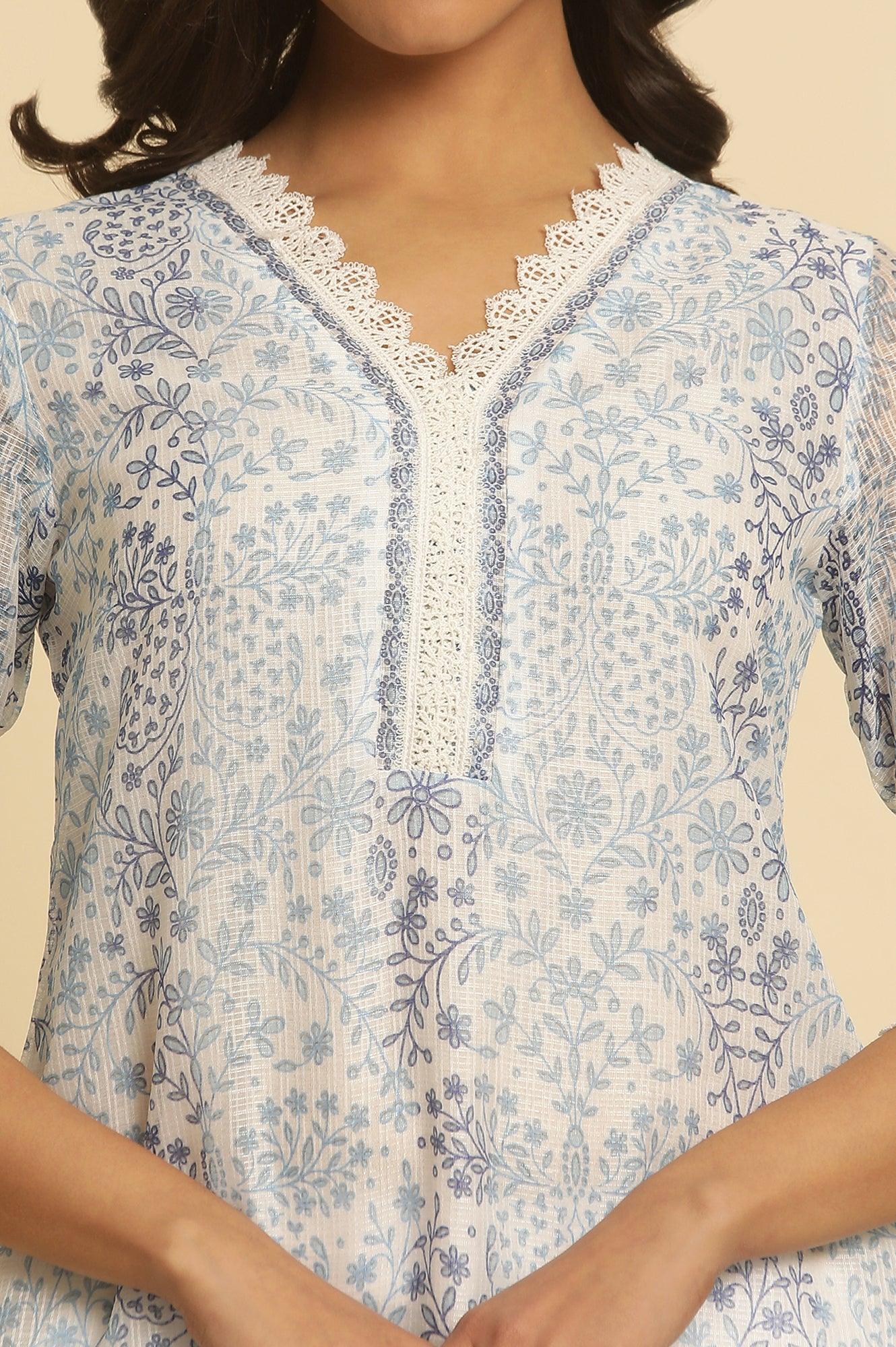 Ecru And Blue Floral Printed Kota Kurta - wforwoman
