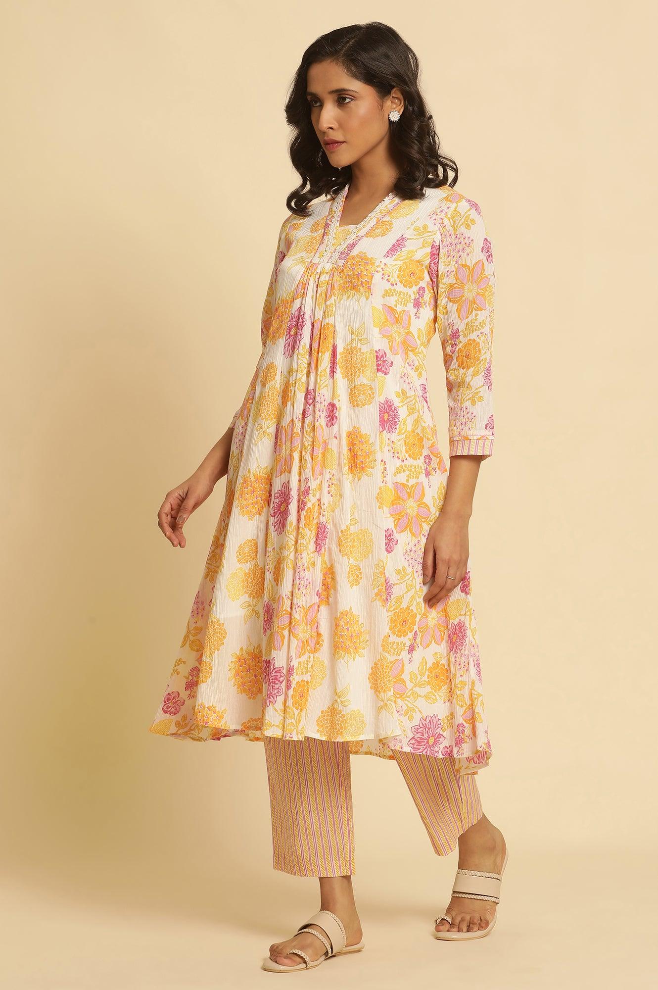 White Floral Printed Flared Kurta - wforwoman