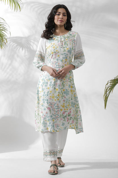 White A-Line Floral Printed Kurta - wforwoman