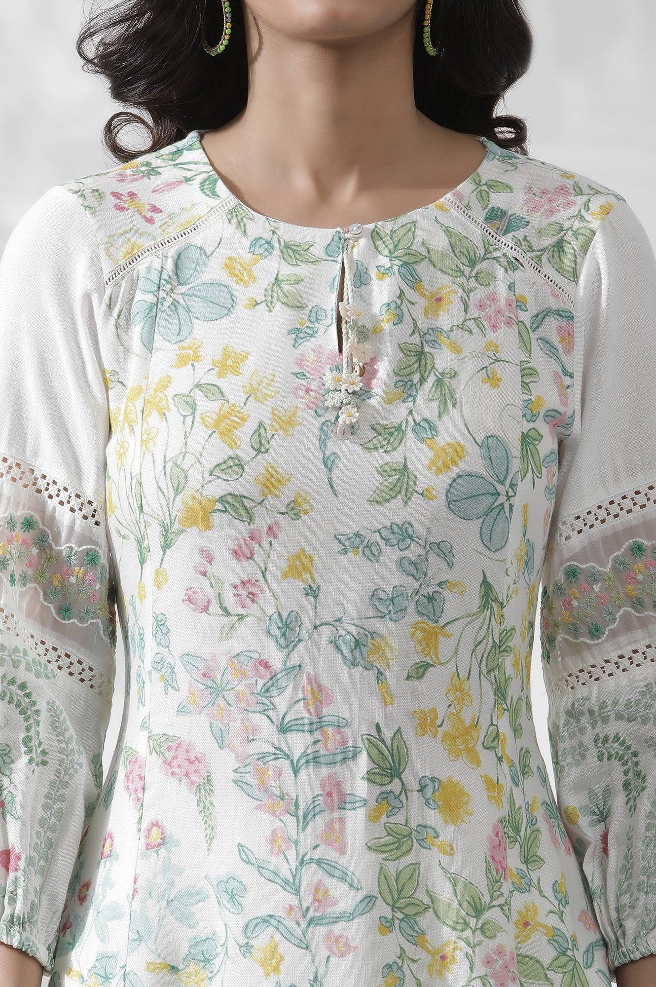 White A-Line Floral Printed Kurta - wforwoman
