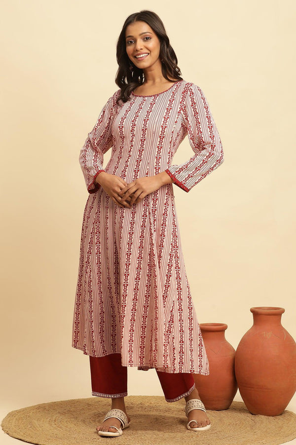 White and Red Printed A-line Cotton Kurta