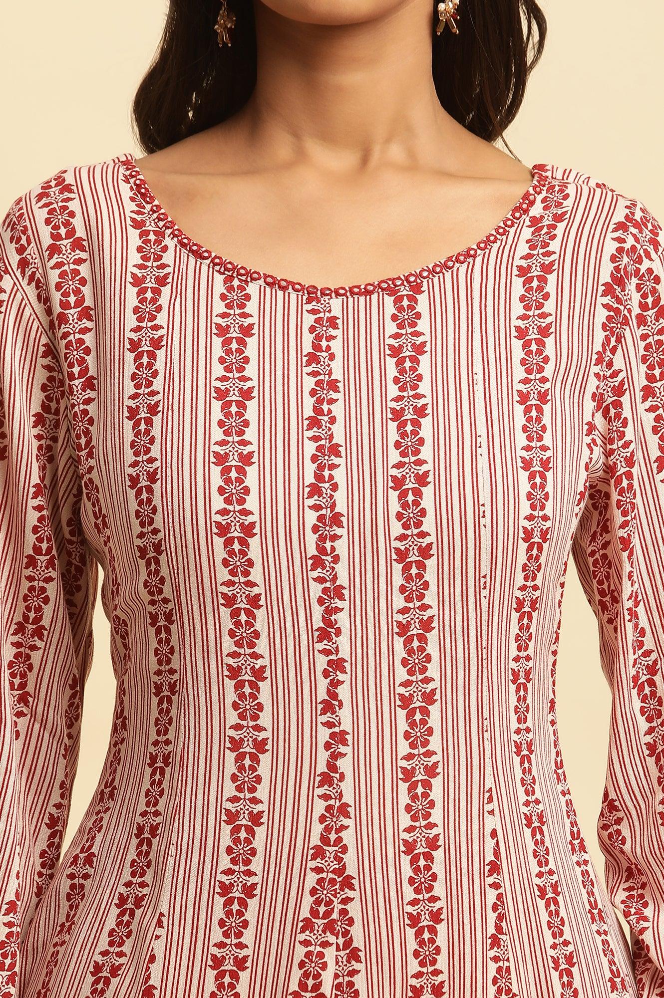 White And Red Printed A-Line Kurta - wforwoman