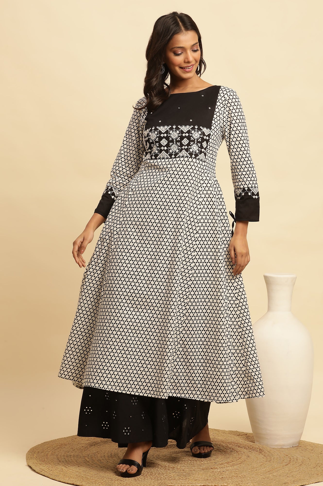 White And Black Printed Flared Kurta With Embroidery
