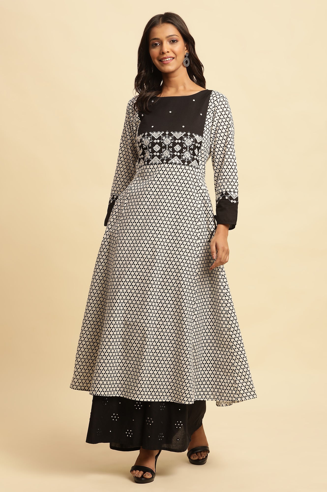 White And Black Printed Flared Kurta With Embroidery