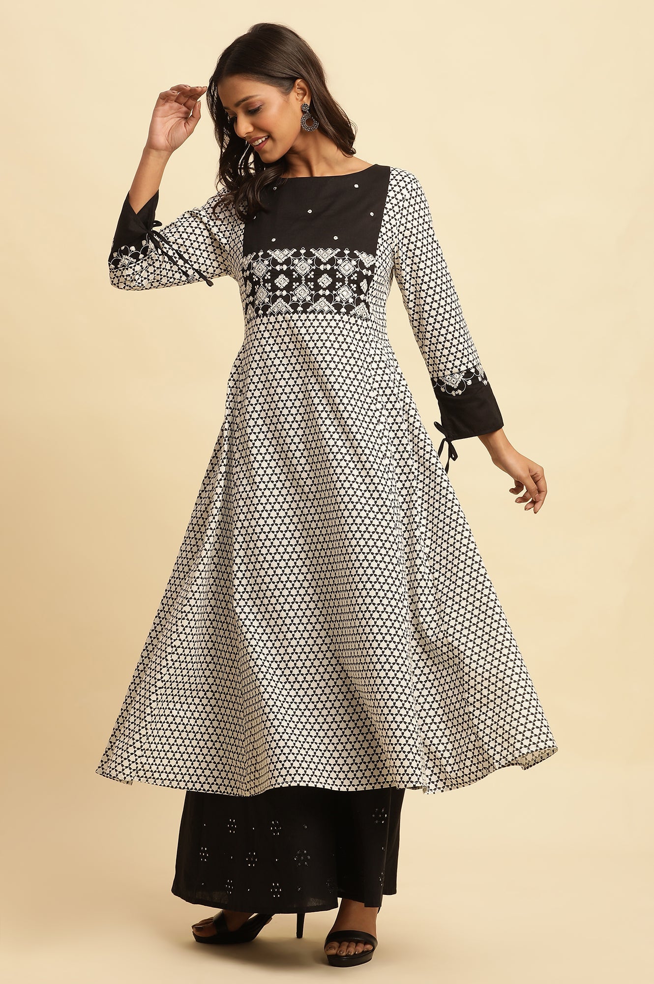 White And Black Printed Flared Kurta With Embroidery