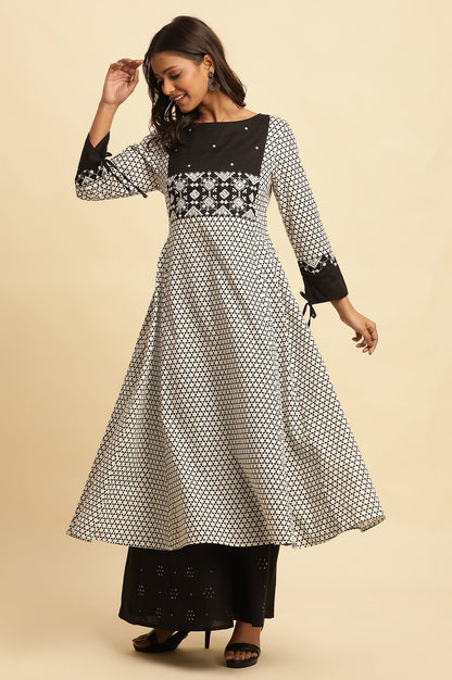 White And Black Printed Flared Kurta With Embroidery