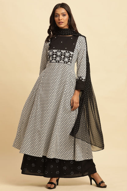 White And Black Printed Flared Kurta With Embroidery