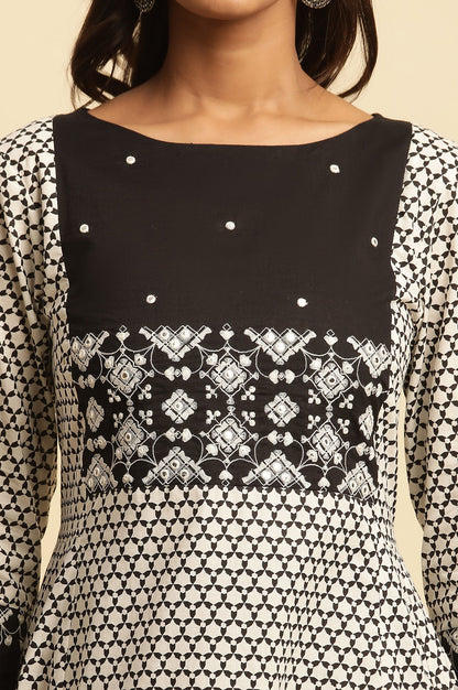 White And Black Printed Flared Kurta With Embroidery