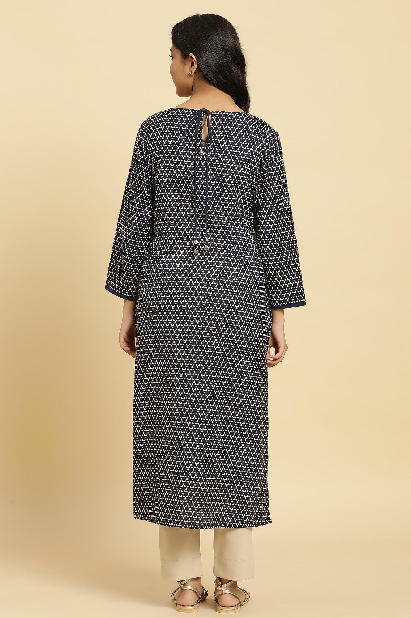 Blue Printed Cotton Kurta With Dori Embroidery - wforwoman