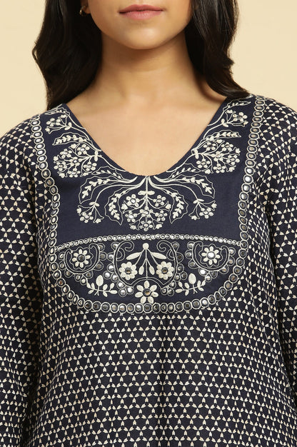Blue Geometric Printed Dori Embroidered Cotton Flax Straight Kurta and Slim Pant Set