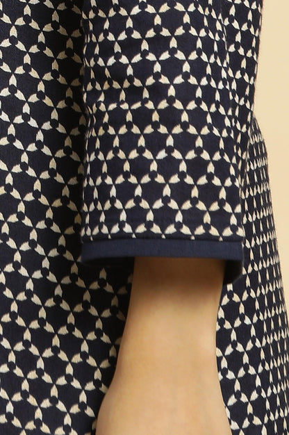 Blue Printed Cotton Kurta With Dori Embroidery - wforwoman