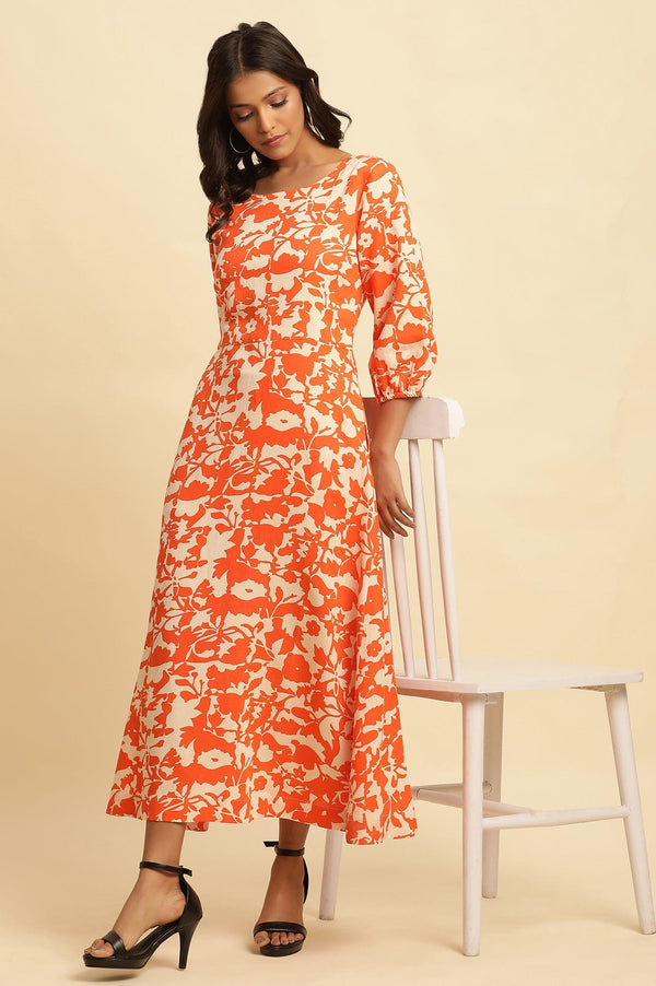 Orange and White Printed Long Western Cotton Dress