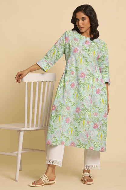 Blue Floral Printed Side Pleated Kurta - wforwoman