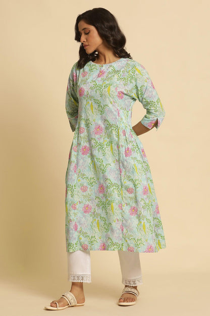 Blue Floral Printed Side Pleated Kurta - wforwoman