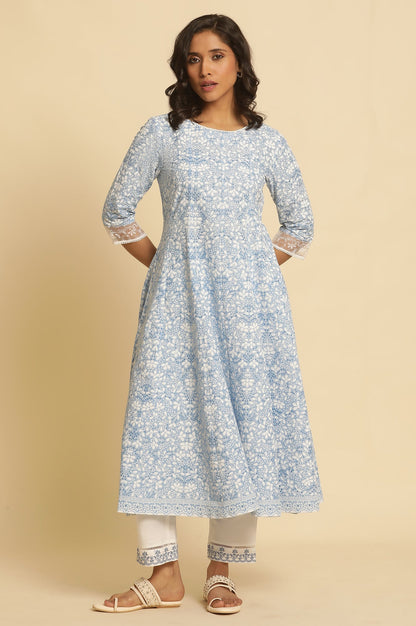 Light Blue Floral Printed Pure Cotton Anarkali Kurta